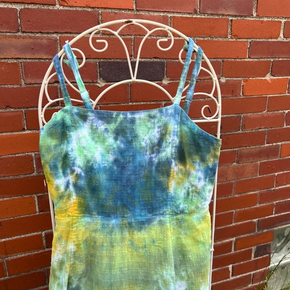 Free People sundress, tie dyed cotton in shades of blue, green and yellow - Picture 2 of 8